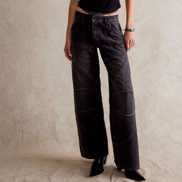 Free People We the Free Unknown Reasons Mid Rise Moto Straight Jeans Nightfall - Picture 1 of 11